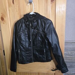 J2 Black Faux Leather Jacket With Hood Womans Size Small